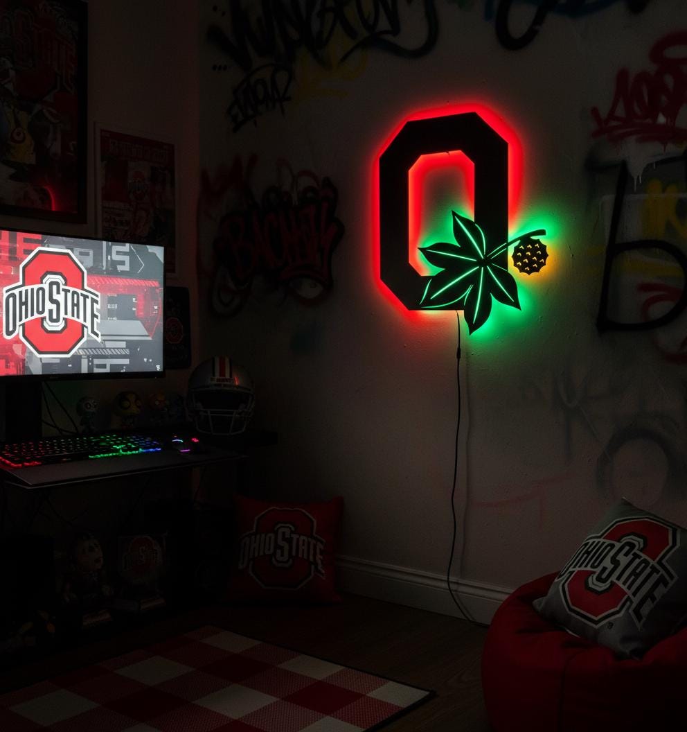 Ohio State Wall Art - Buckeyes Team Logo Illuminated Game Room Decor