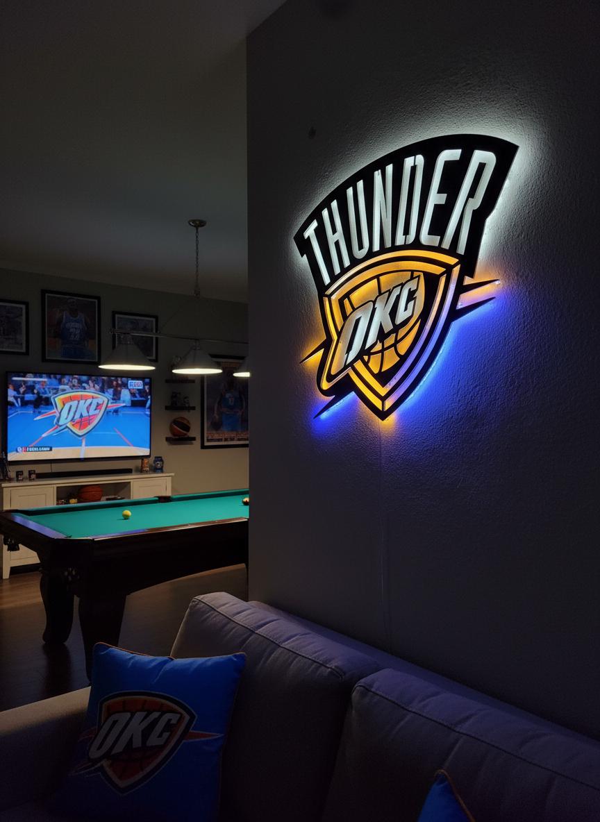 NBA Wall Art - OKC Thunder Team Logo Light Up Sign Game Room Decor