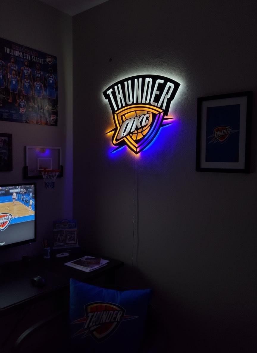 NBA Wall Art - OKC Thunder Team Logo Light Up Sign Game Room Decor