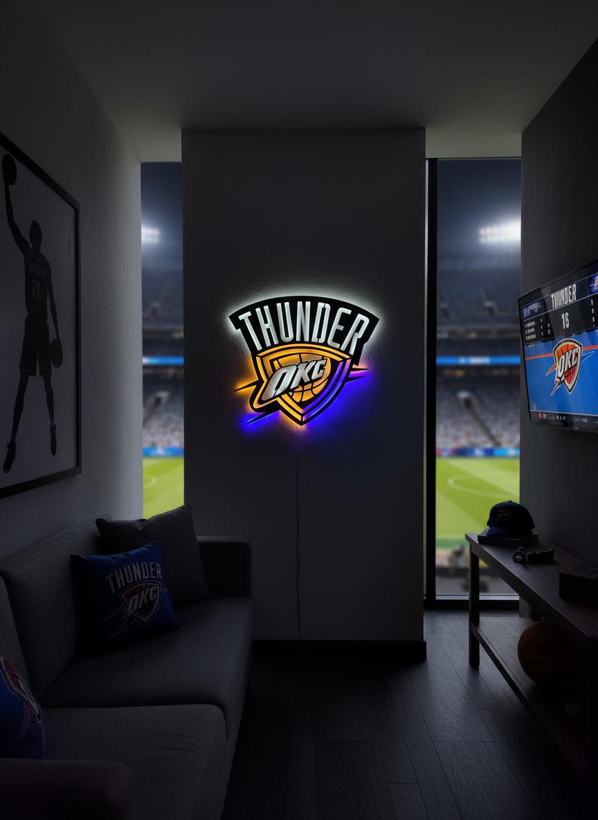 NBA Wall Art - OKC Thunder Team Logo Light Up Sign Game Room Decor