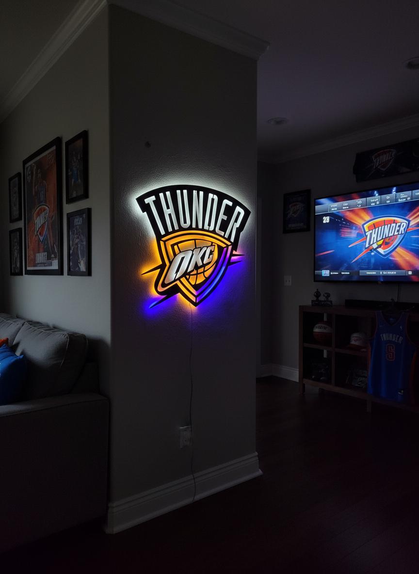 NBA Wall Art - OKC Thunder Team Logo Light Up Sign Game Room Decor