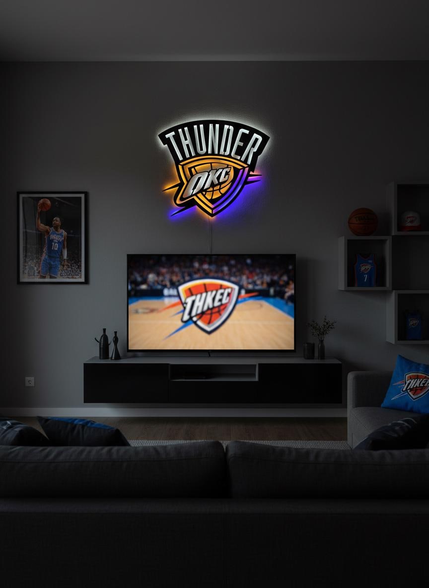 NBA Wall Art - OKC Thunder Team Logo Light Up Sign Game Room Decor