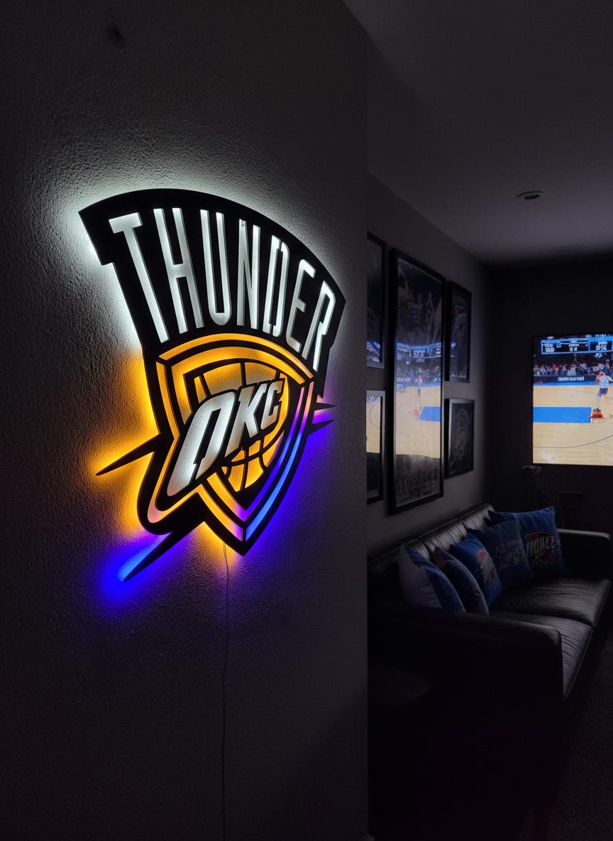 NBA Wall Art - OKC Thunder Team Logo Light Up Sign Game Room Decor