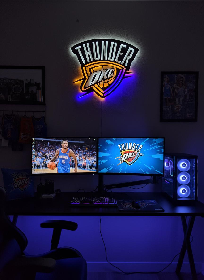 NBA Wall Art - OKC Thunder Team Logo Light Up Sign Game Room Decor
