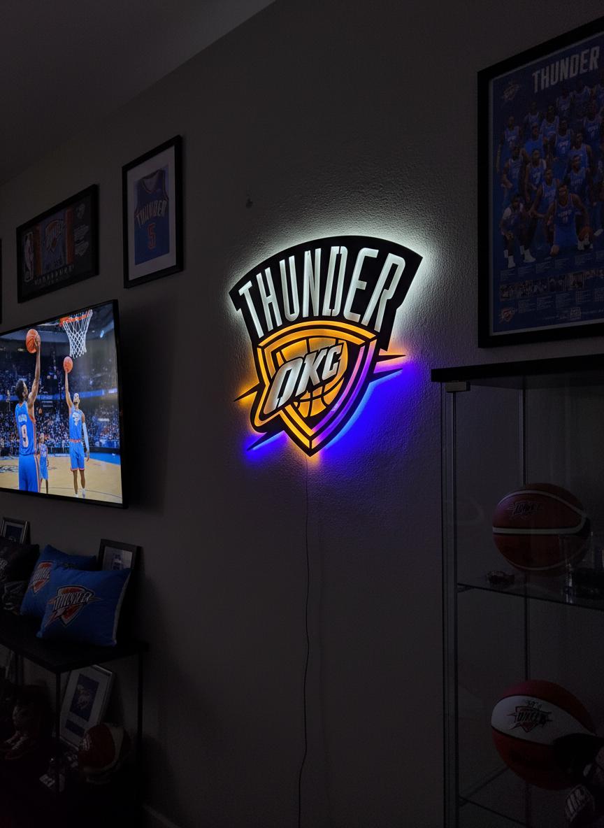 NBA Wall Art - OKC Thunder Team Logo Light Up Sign Game Room Decor
