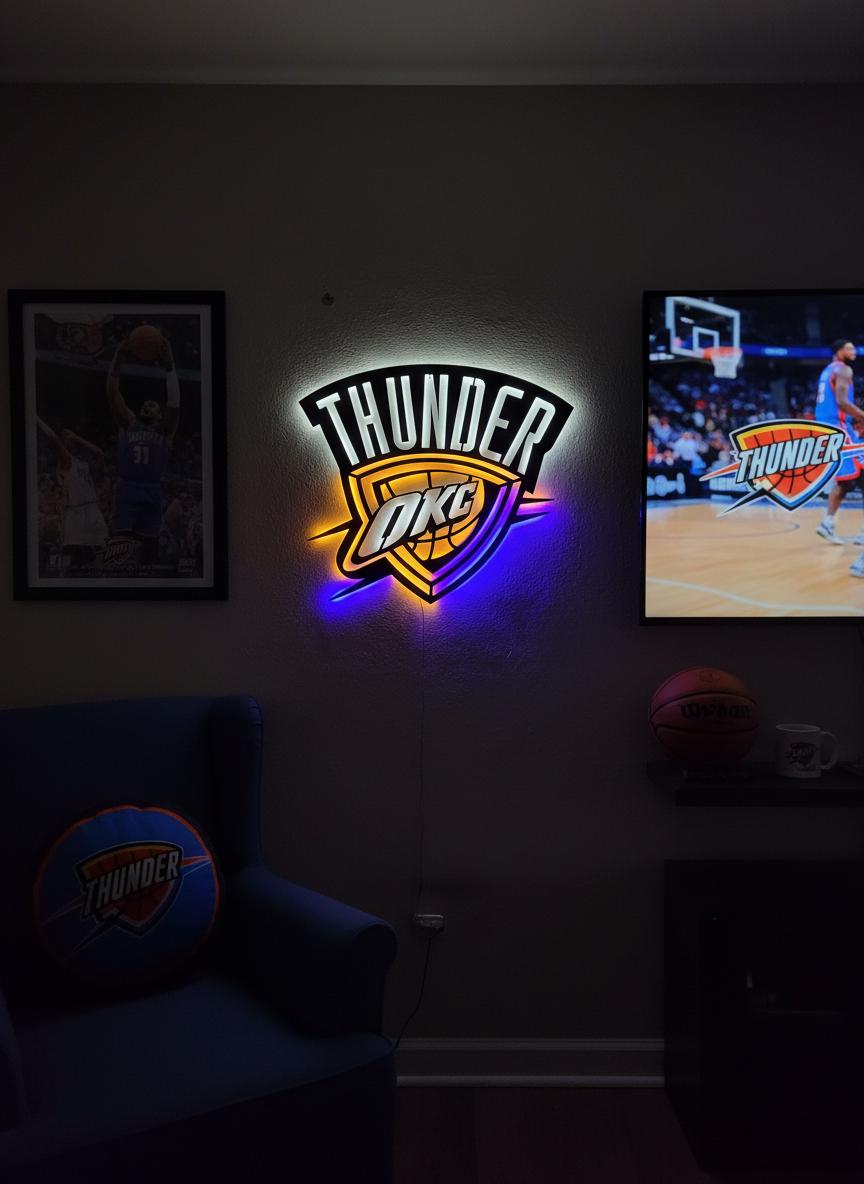 NBA Wall Art - OKC Thunder Team Logo Light Up Sign Game Room Decor