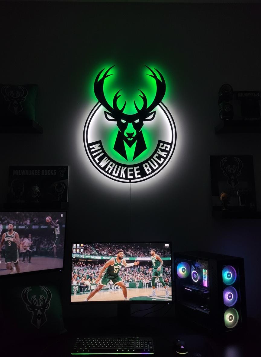 Milwaukee Bucks Wall Art - NBA Team Logo Game Room Decor Man Cave Gift Ideas