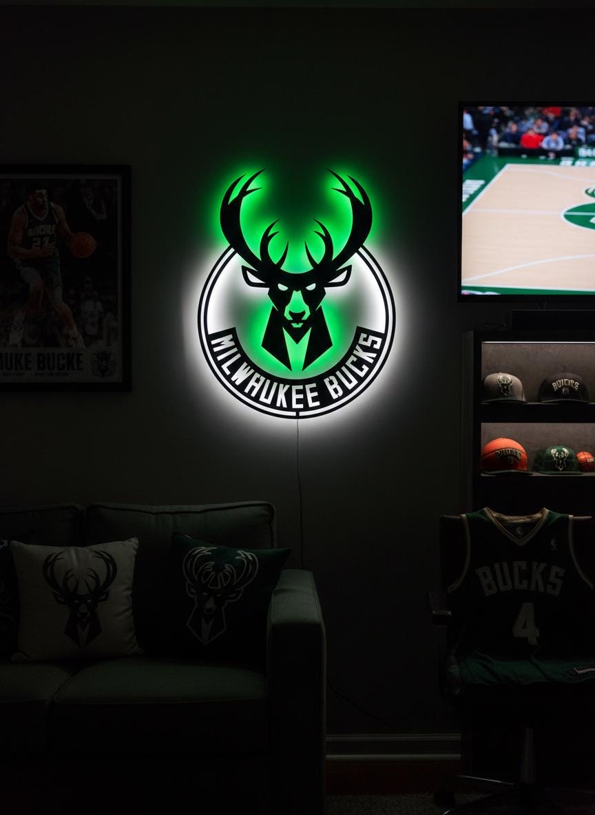 Milwaukee Bucks Wall Art - NBA Team Logo Game Room Decor Man Cave Gift Ideas
