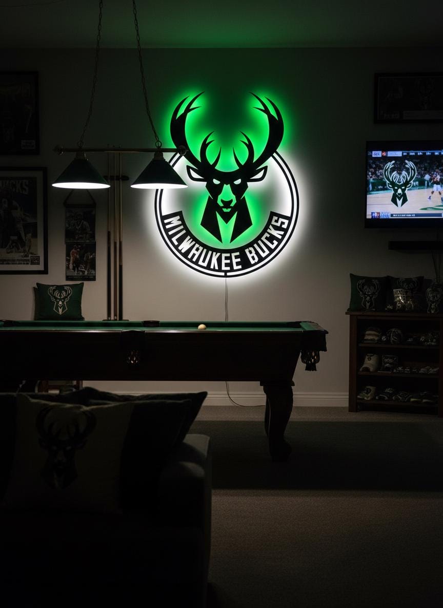 Milwaukee Bucks Wall Art - NBA Team Logo Game Room Decor Man Cave Gift Ideas