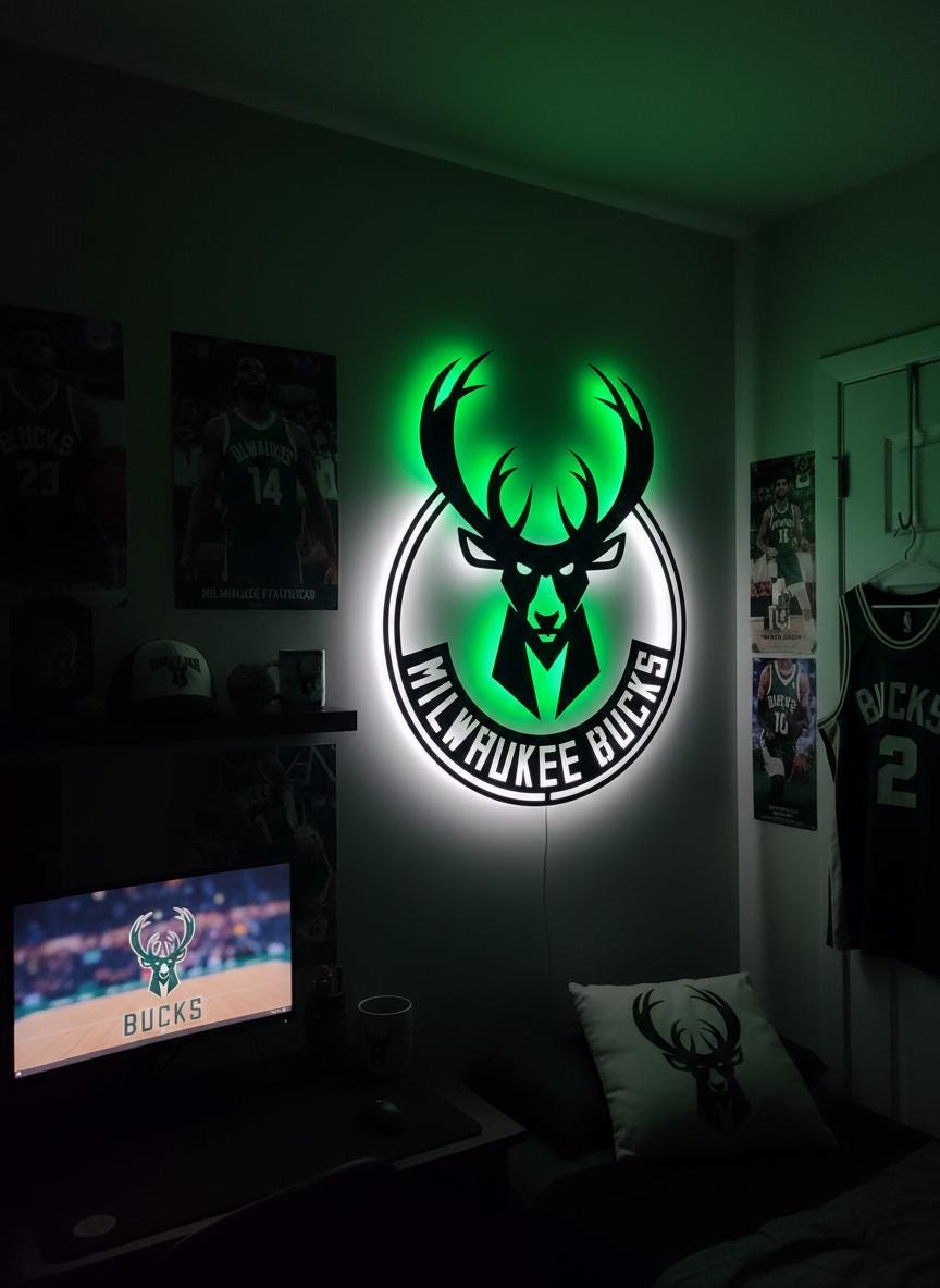 Milwaukee Bucks Wall Art - NBA Team Logo Game Room Decor Man Cave Gift Ideas