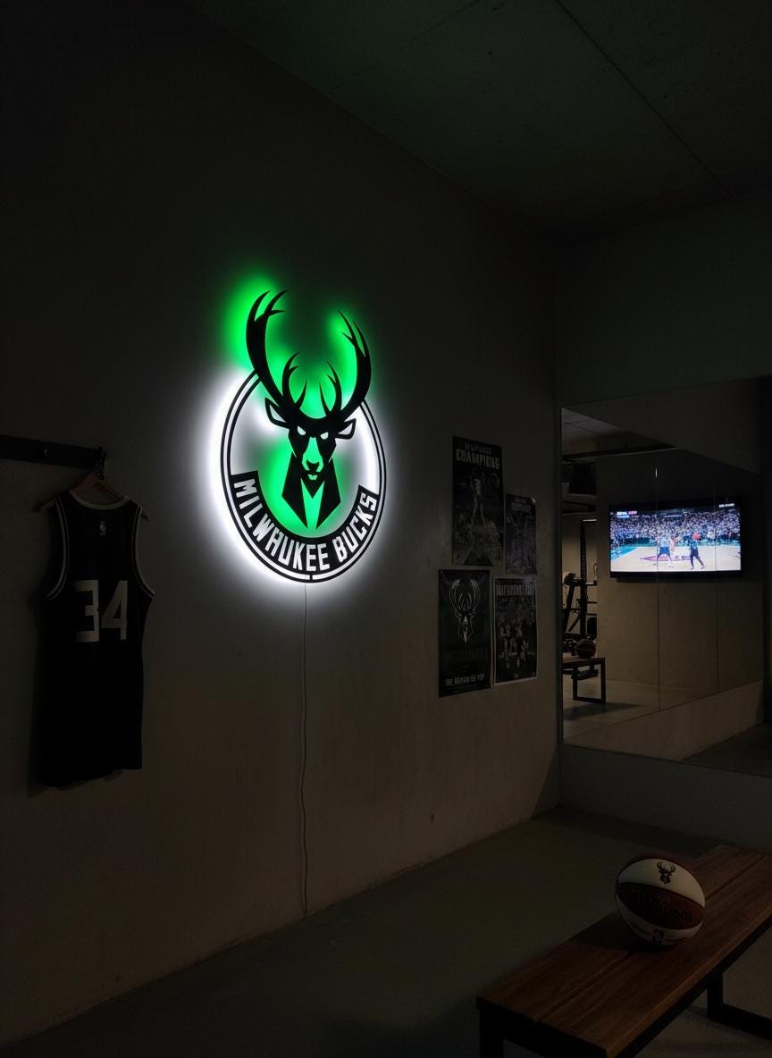 Milwaukee Bucks Wall Art - NBA Team Logo Game Room Decor Man Cave Gift Ideas