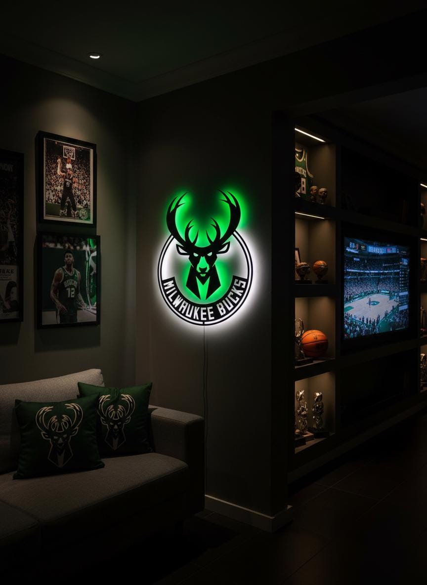 Milwaukee Bucks Wall Art - NBA Team Logo Game Room Decor Man Cave Gift Ideas