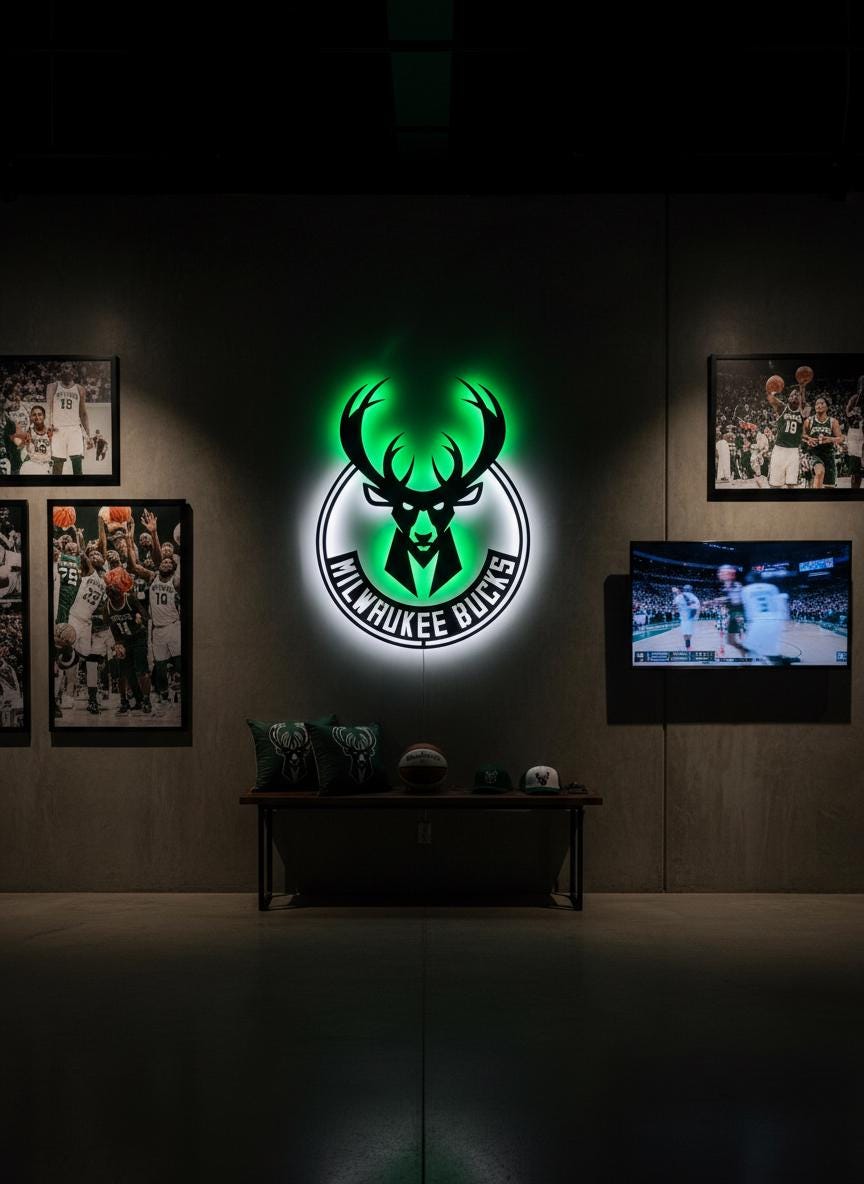 Milwaukee Bucks Wall Art - NBA Team Logo Game Room Decor Man Cave Gift Ideas