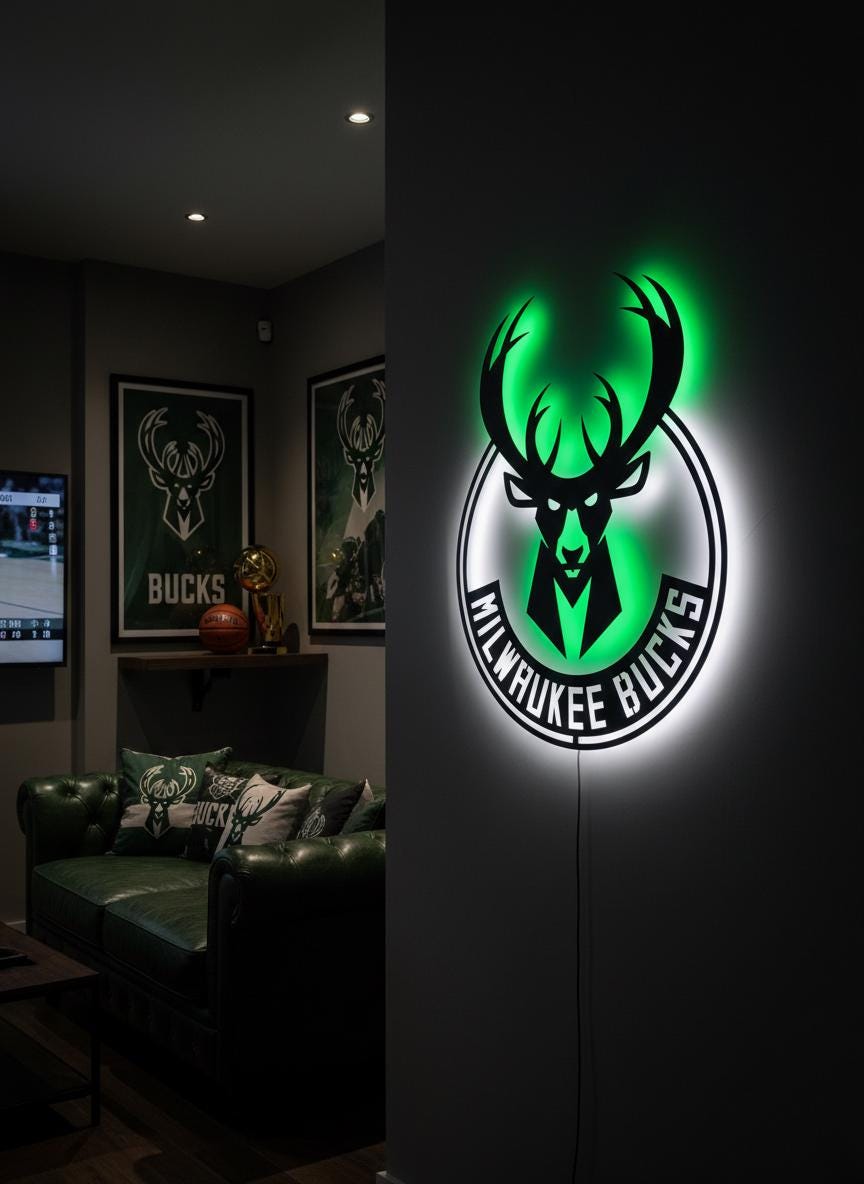 Milwaukee Bucks Wall Art - NBA Team Logo Game Room Decor Man Cave Gift Ideas