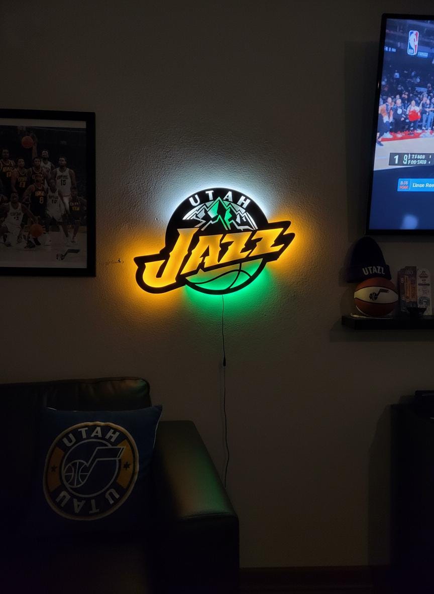 Utah Jazz Wall Art - Team Logo Basketball Decor - Unique Game Room Lighting Gift