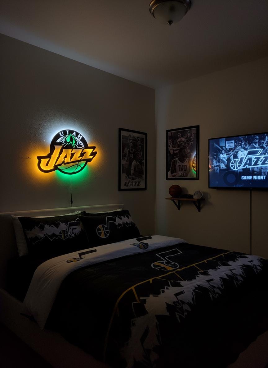 Utah Jazz Wall Art - Team Logo Basketball Decor - Unique Game Room Lighting Gift