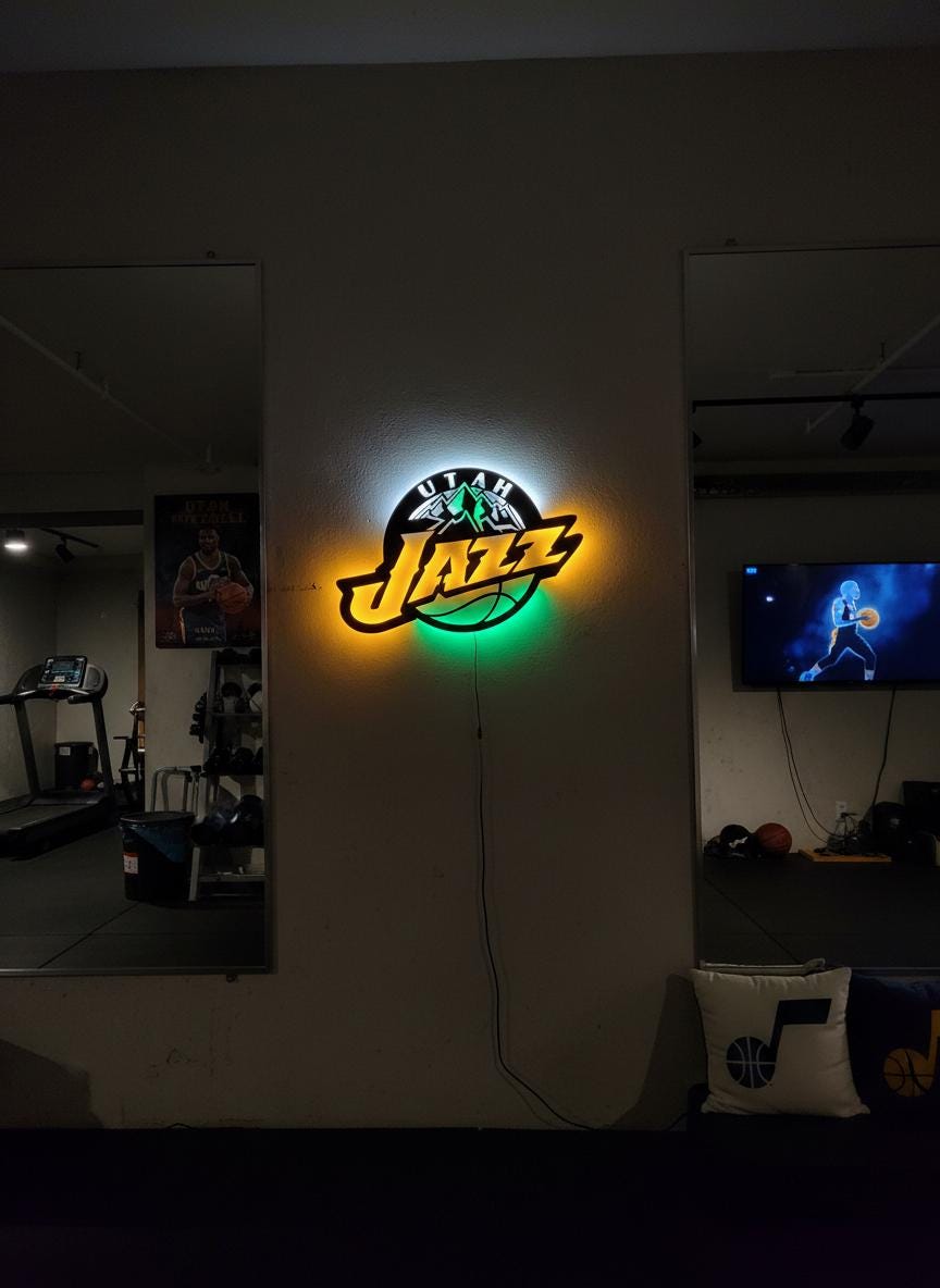 Utah Jazz Wall Art - Team Logo Basketball Decor - Unique Game Room Lighting Gift