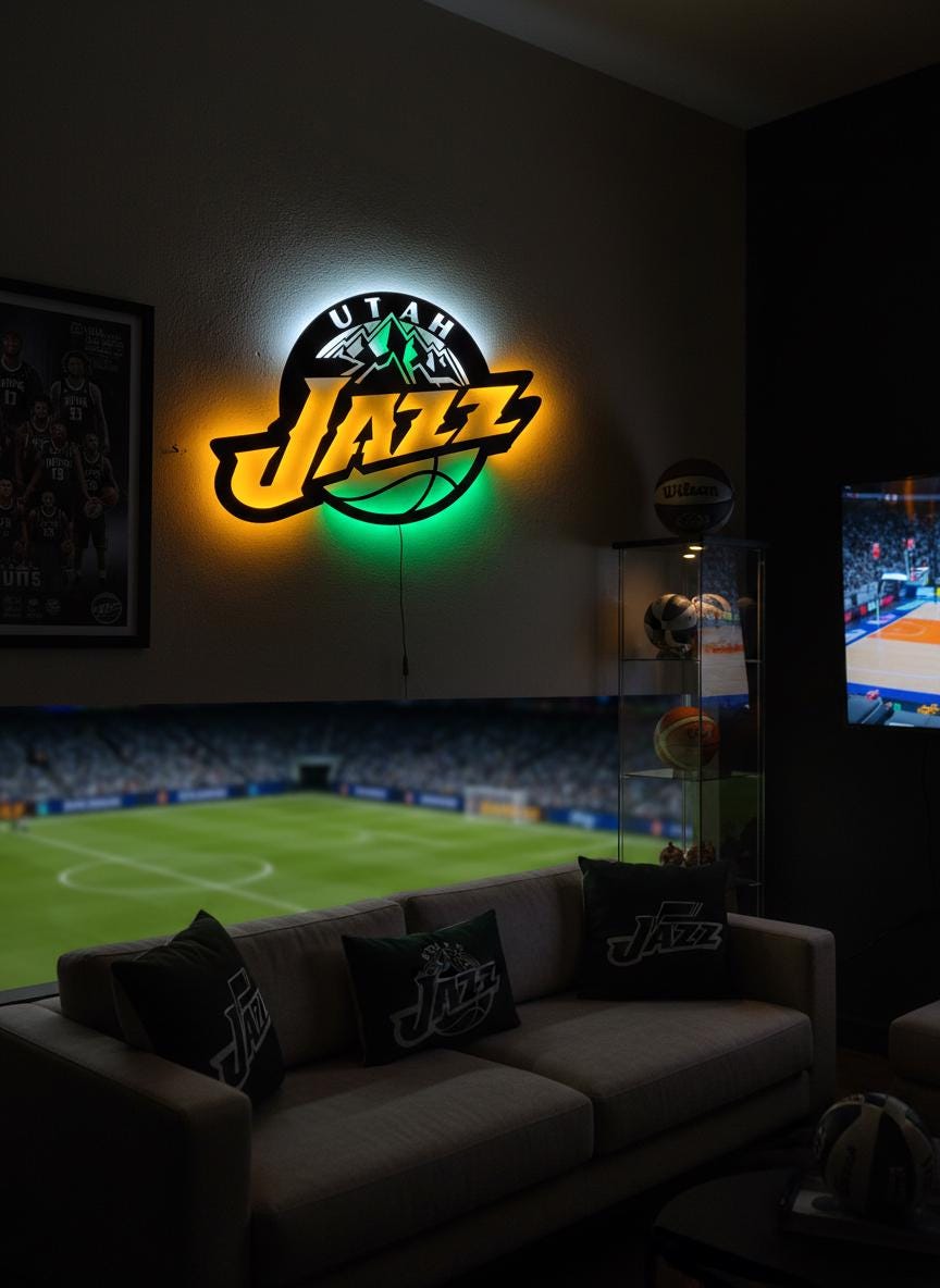 Utah Jazz Wall Art - Team Logo Basketball Decor - Unique Game Room Lighting Gift