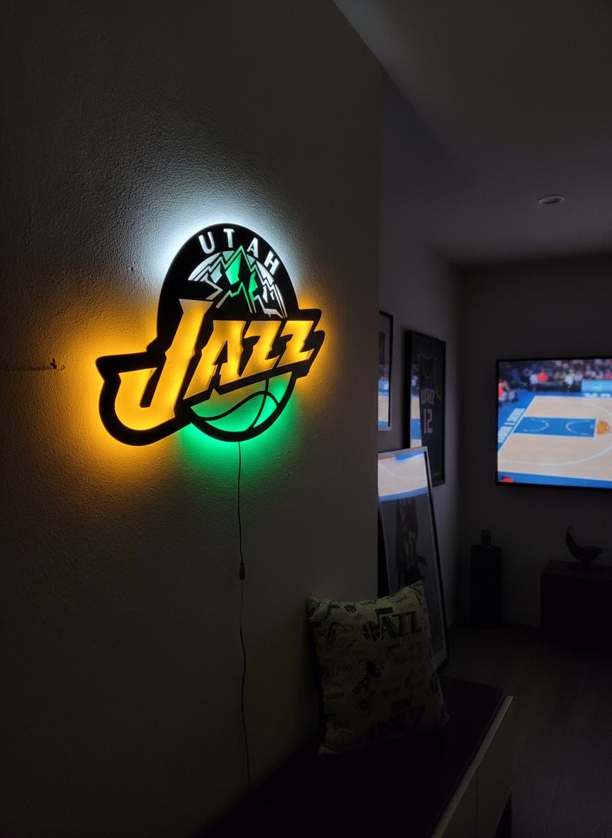 Utah Jazz Wall Art - Team Logo Basketball Decor - Unique Game Room Lighting Gift