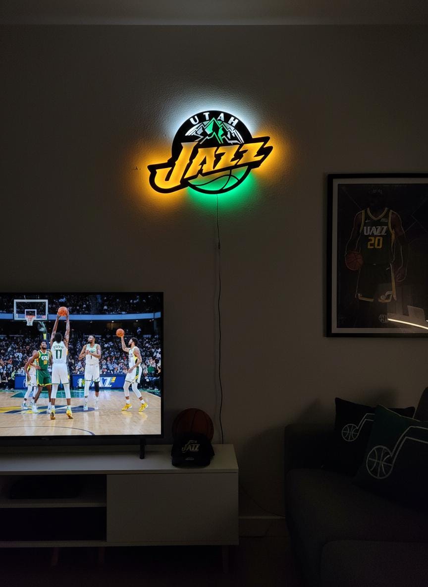 Utah Jazz Wall Art - Team Logo Basketball Decor - Unique Game Room Lighting Gift