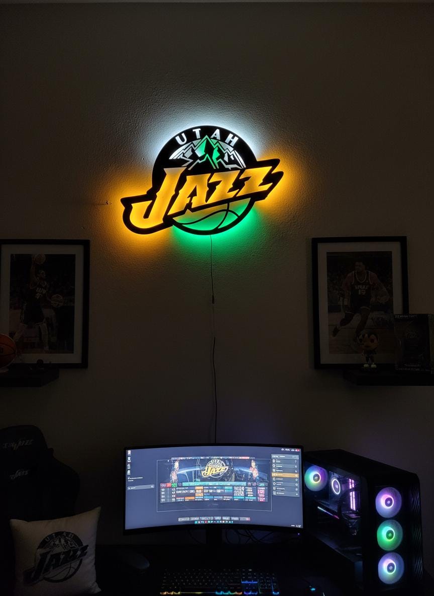 Utah Jazz Wall Art - Team Logo Basketball Decor - Unique Game Room Lighting Gift