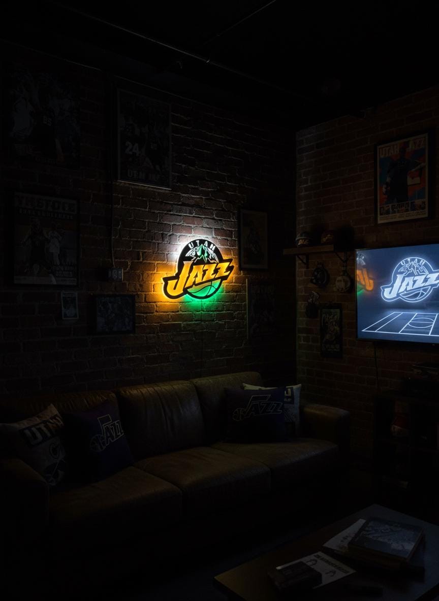 Utah Jazz Wall Art - Team Logo Basketball Decor - Unique Game Room Lighting Gift