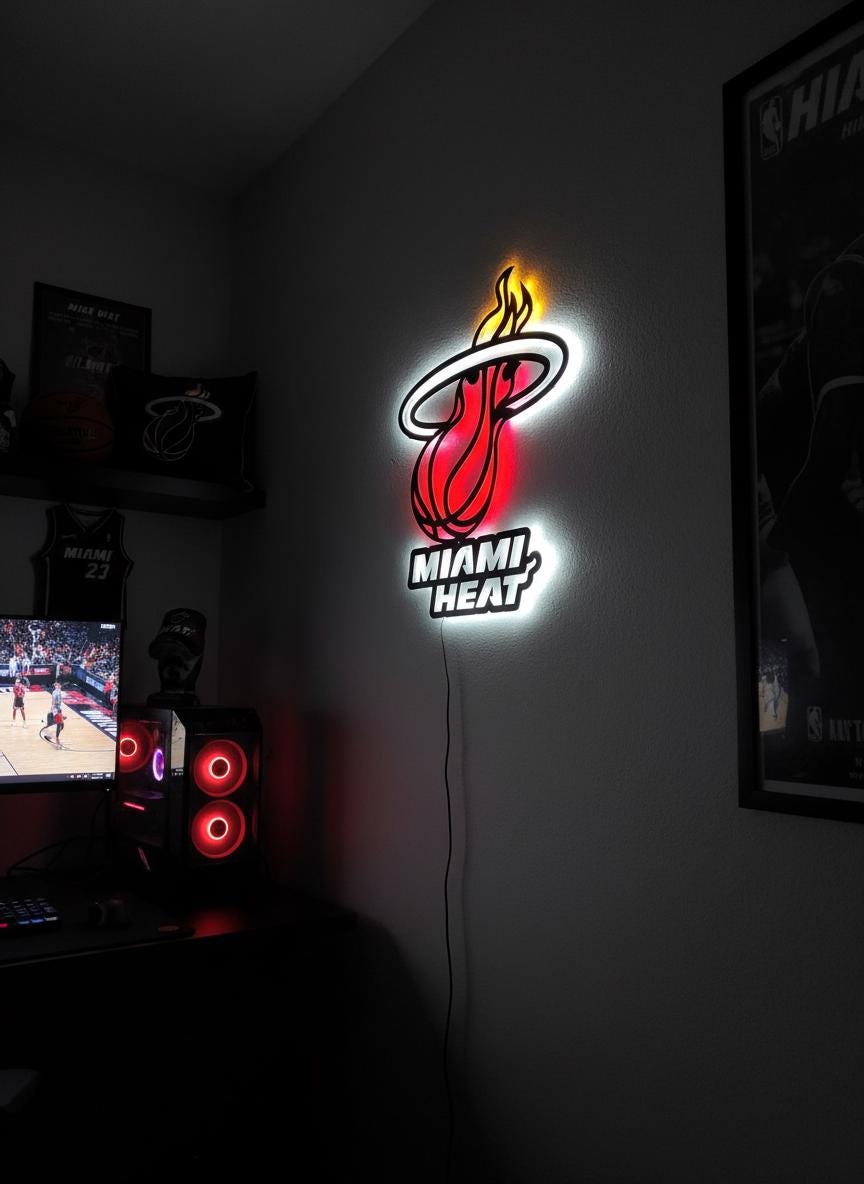 Miami Heat Wall Art - Signature Team Logo Light Up Game Room Decor Gift