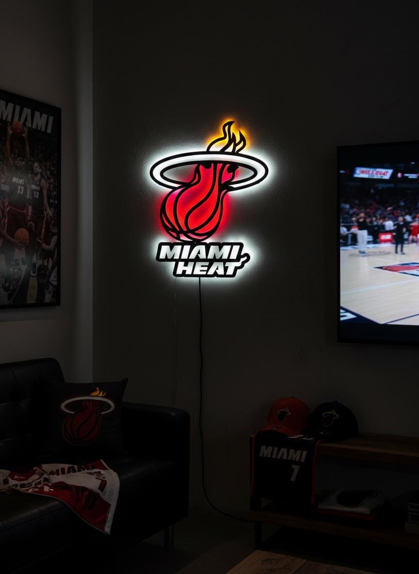 Miami Heat Wall Art - Signature Team Logo Light Up Game Room Decor Gift