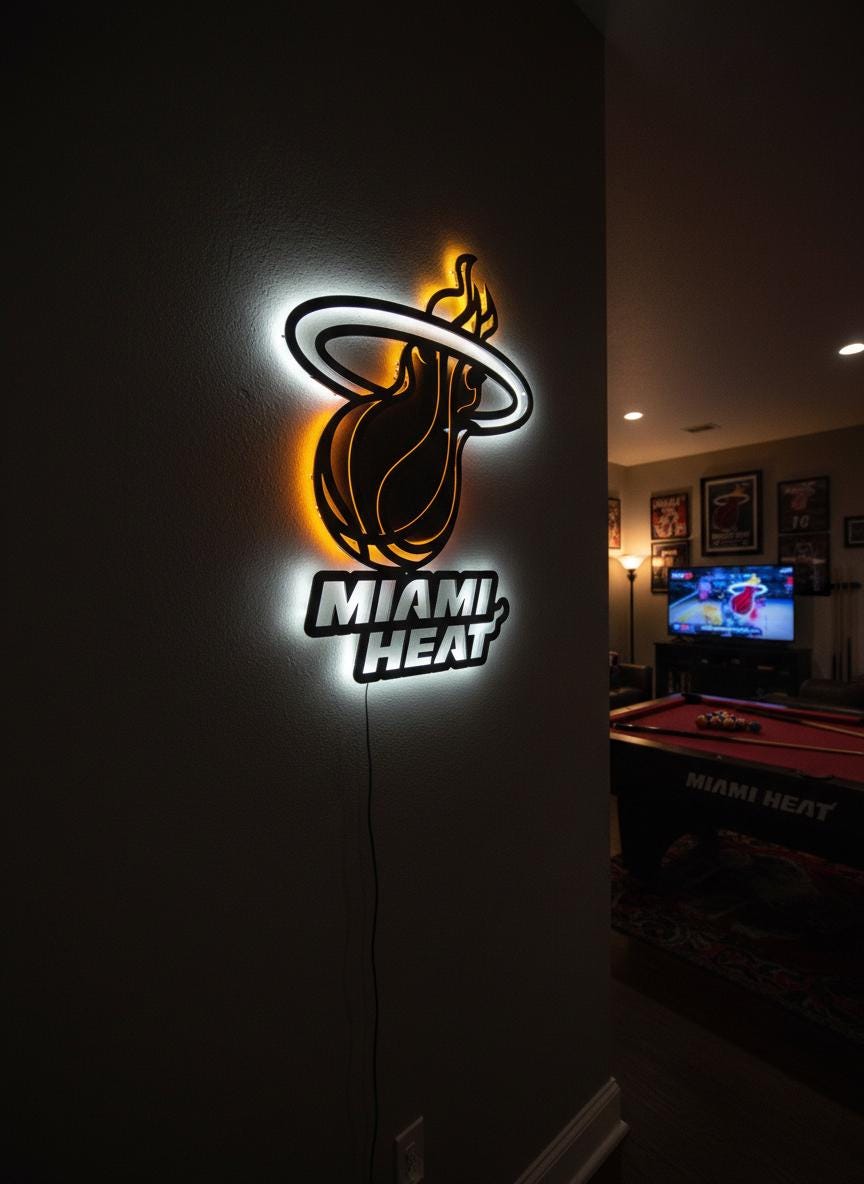 Miami Heat Wall Art - Signature Team Logo Light Up Game Room Decor Gift