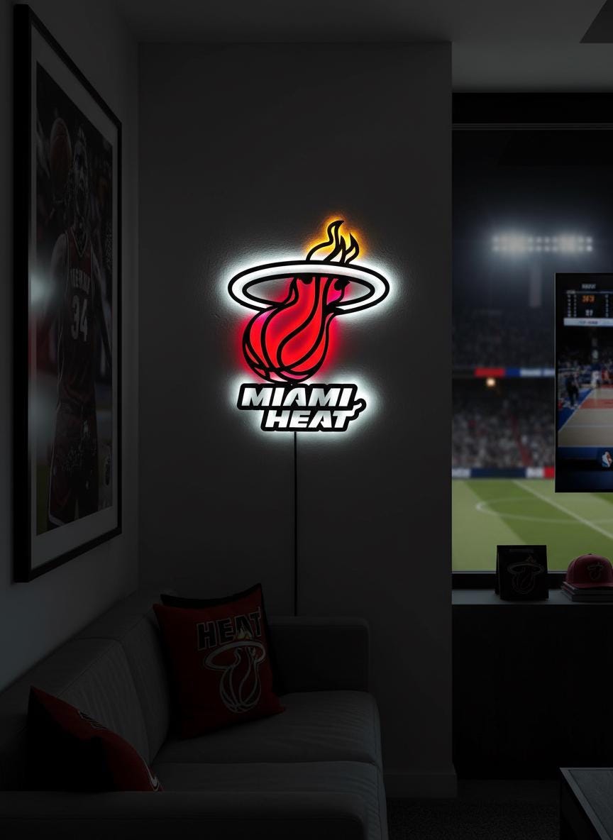 Miami Heat Wall Art - Signature Team Logo Light Up Game Room Decor Gift