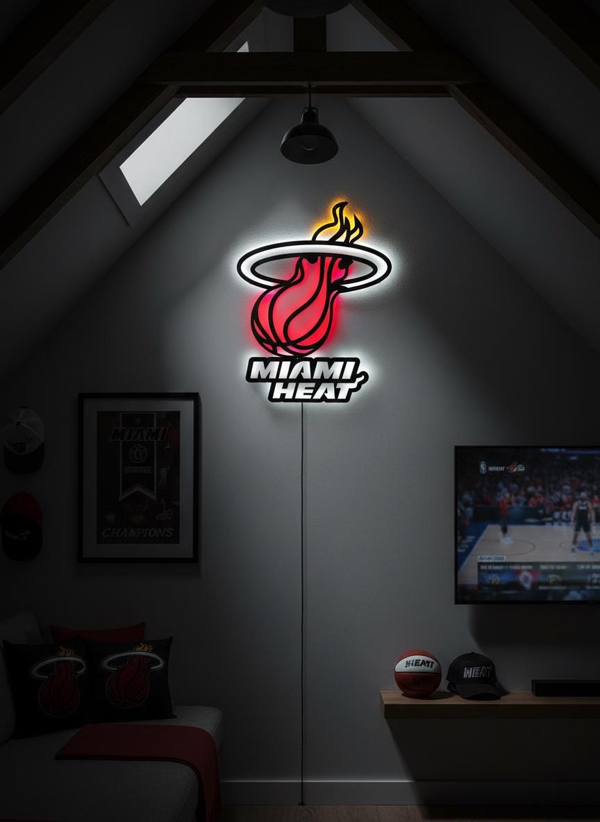 Miami Heat Wall Art - Signature Team Logo Light Up Game Room Decor Gift