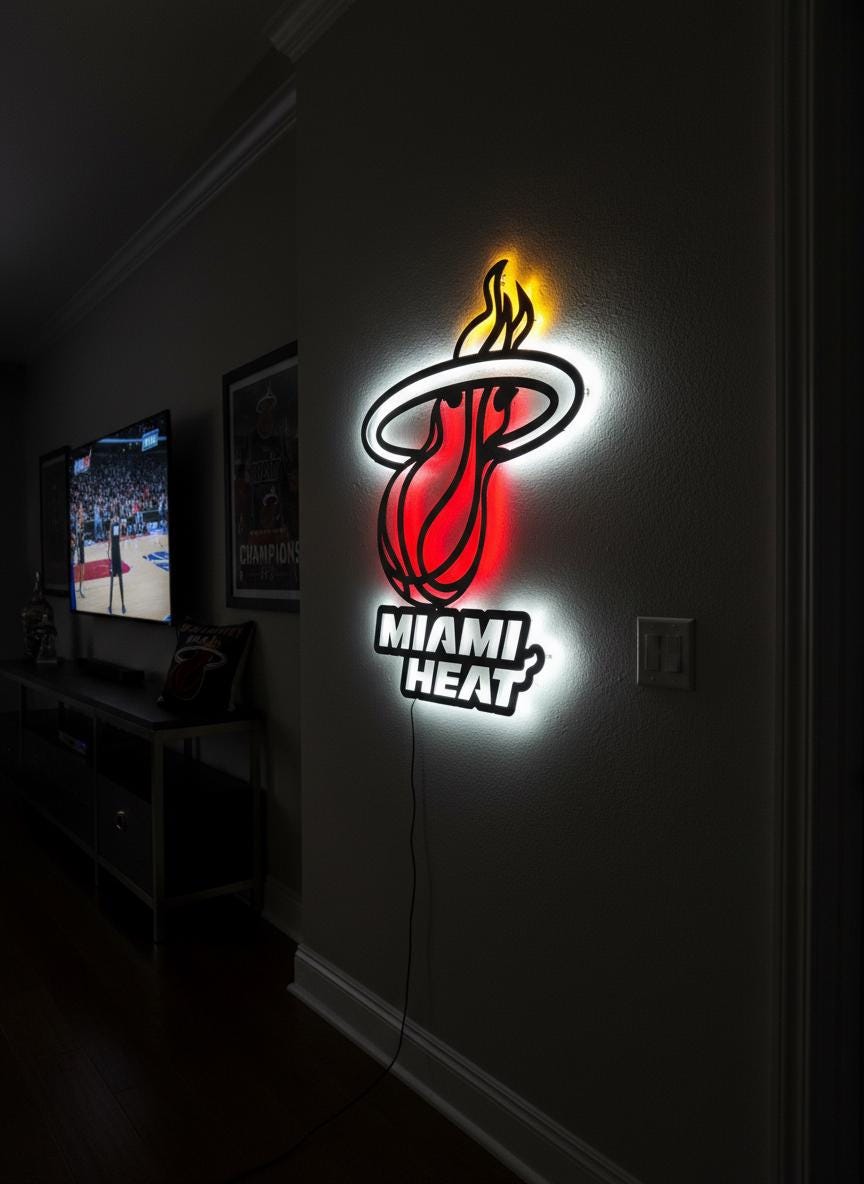 Miami Heat Wall Art - Signature Team Logo Light Up Game Room Decor Gift