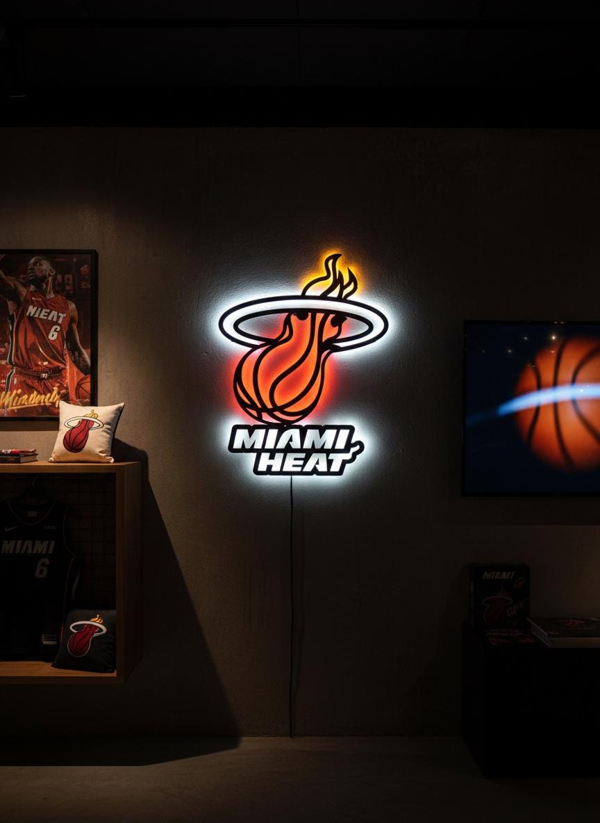 Miami Heat Wall Art - Signature Team Logo Light Up Game Room Decor Gift