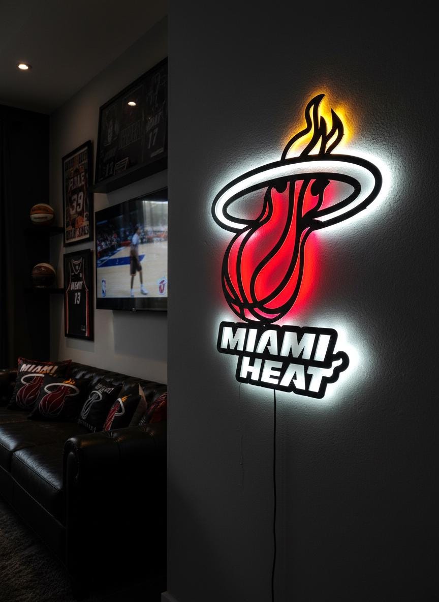 Miami Heat Wall Art - Signature Team Logo Light Up Game Room Decor Gift